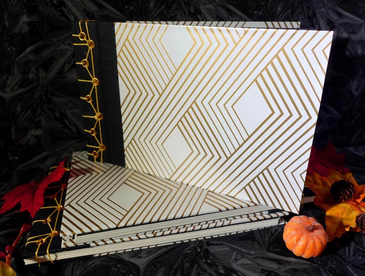 "Geometric Sketchbooks" - 9"x6" sketchbooks handbound using Japanese Stab Binding (hemp stitch)